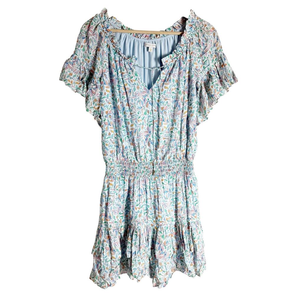 Anna Cate Kendall Spring Leaf Print Smocked Split Neck Flounce Mini Dress Size S